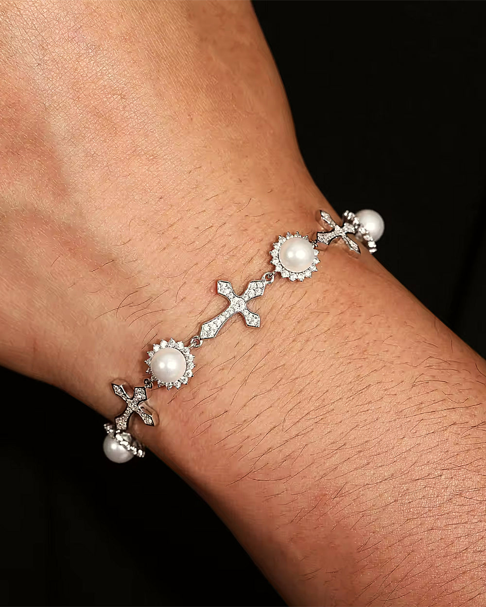 MOISSANITE ICY CROSSES  & PEARLS BRACELET. - WHITE GOLD